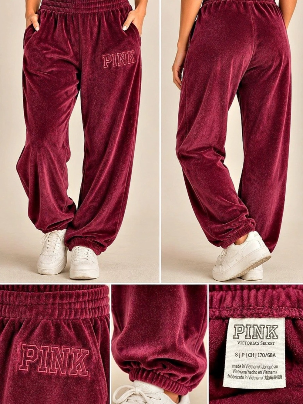 Victoria's Secret PINK Velour Jogger Pants Velour Joggers in Burgundy Size Small